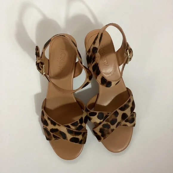 New Crew Leopard Calf Hair Low Block Heel Sandals, Size